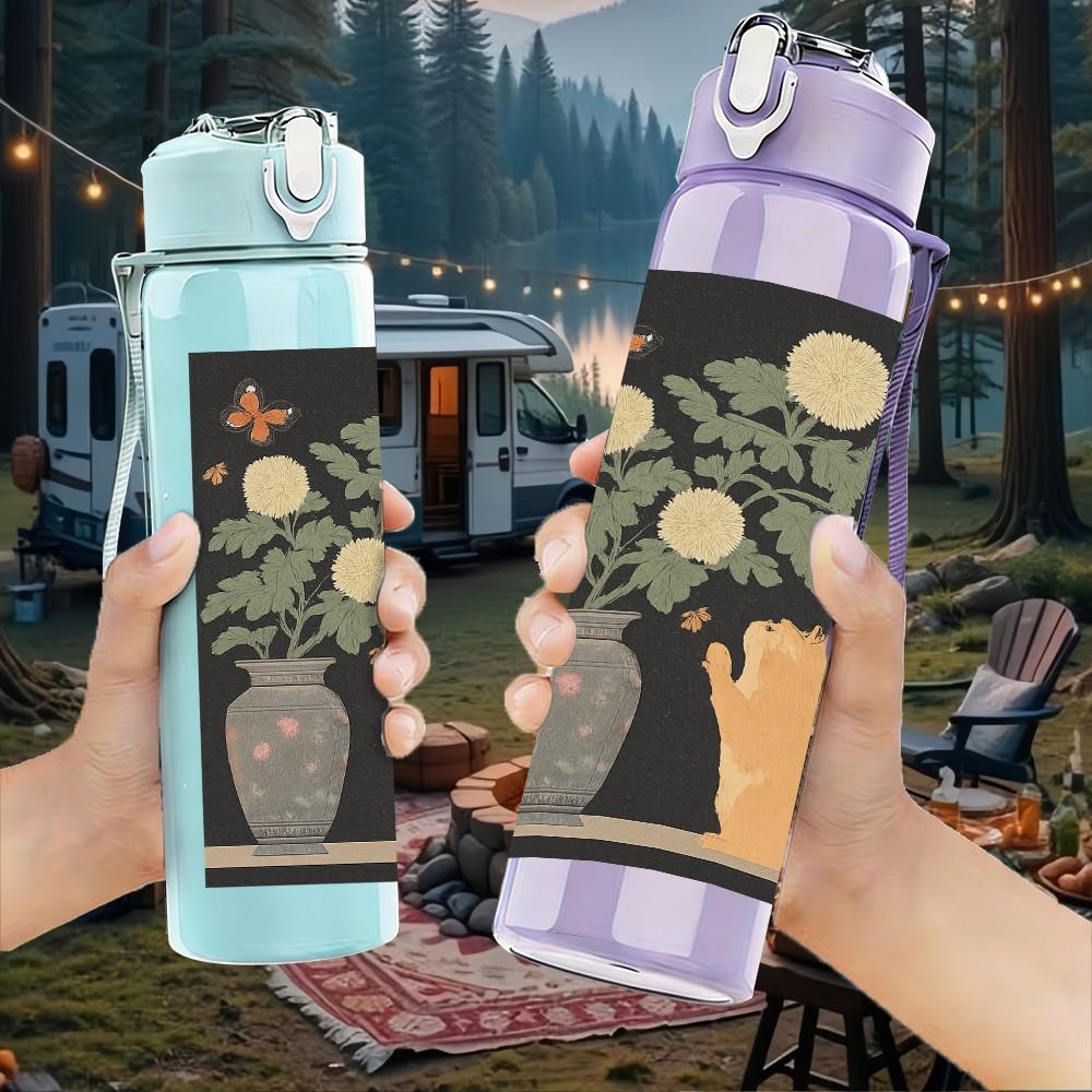 1PC Flower Vase Hand Painting 750ml Color Plastic Sports Water Bottle Leakproof Flip Straw Lid Suitable for Sports Office Home Use
