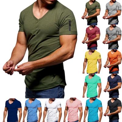 Чоловіча футболка з V-подібним вирізом, однотонна велика повсякденна футболка на блискавці з коротким рукавом