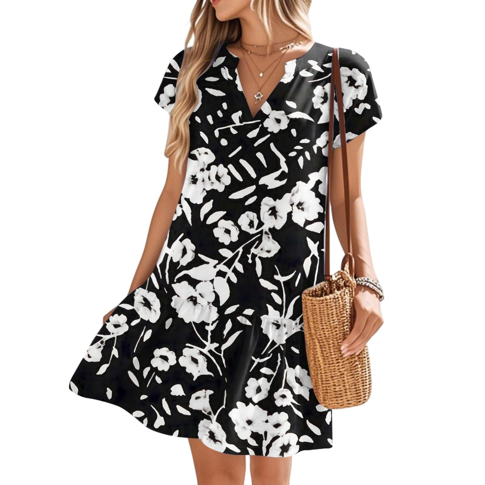 Women s Dresses Short Sleeve V-Neck Floral Printed Loose Casual Temperament Beach Dresses L