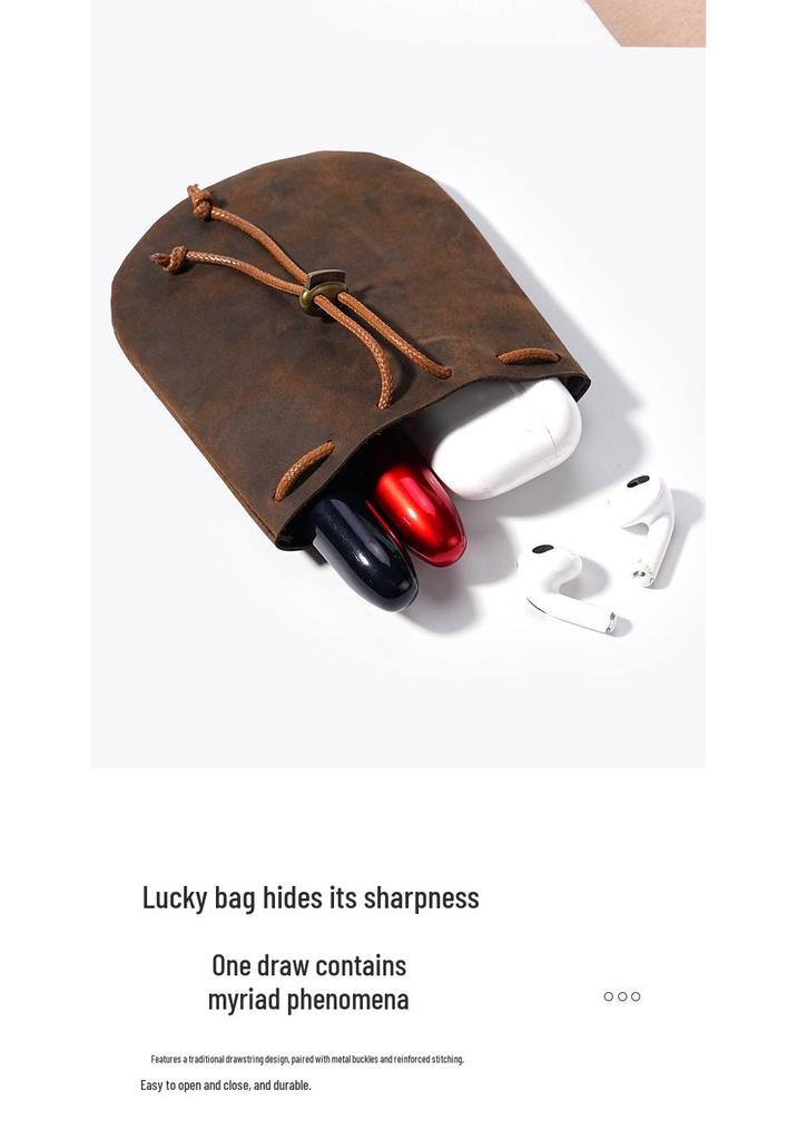 Genuine Leather Drawstring Coin Purse - Cowhide Storage Bag & New Year's Lucky Wallet.