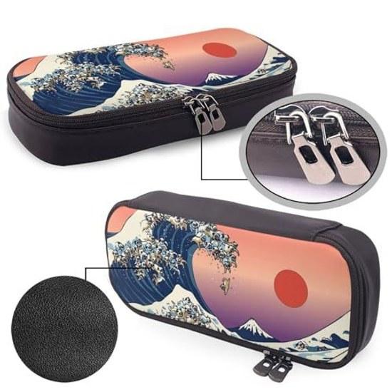Shiba Inu Kanagawa Oki Nami Ura Pen Case Pencil Holder Large Capacity Box Multifunctional Stylish Leather Pouch Boys Girls Children Simple Tool High