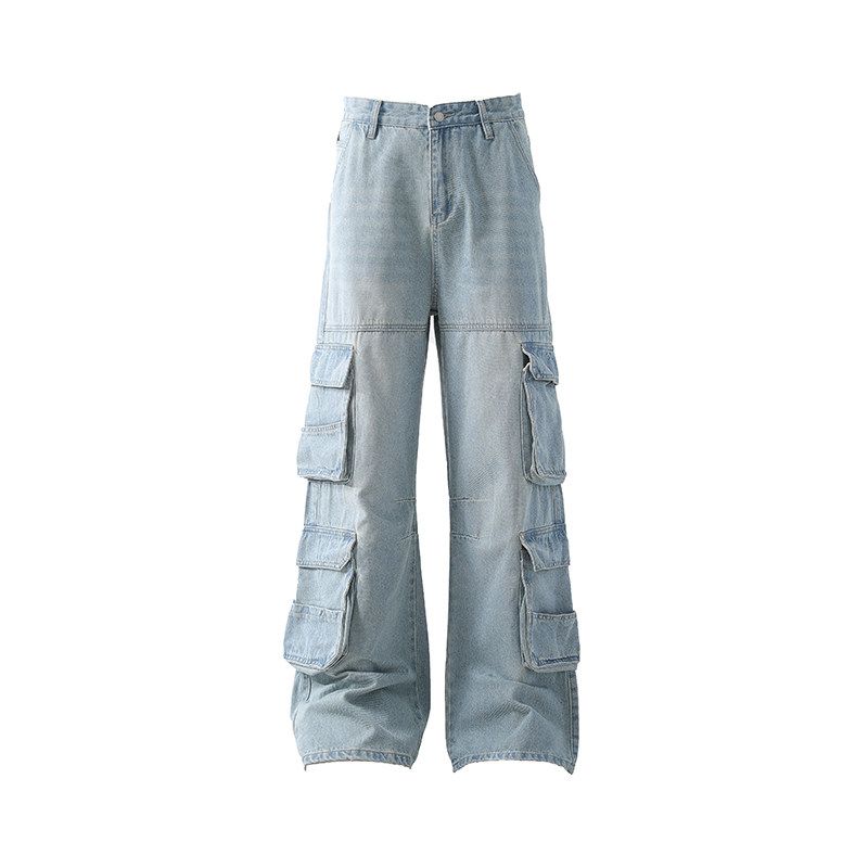 

Black of Exit American Street Style Multi-Pocket Straight-Leg Jeans Trendy High Street Wide-Leg Trousers for Men Light Blue X L