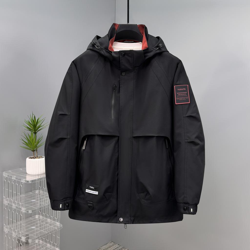 Men's Hooded Windbreaker Jacket In Black and Burgundy Large Size