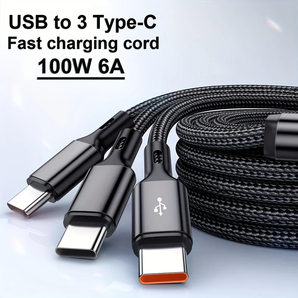 100W 6A 3 in 1 USB-A to 3 ×Type-C Fast Charging Cable For Samsung Galacy S24 Xiaomi Redmi Huawei Multi-port USB C Charge Cable