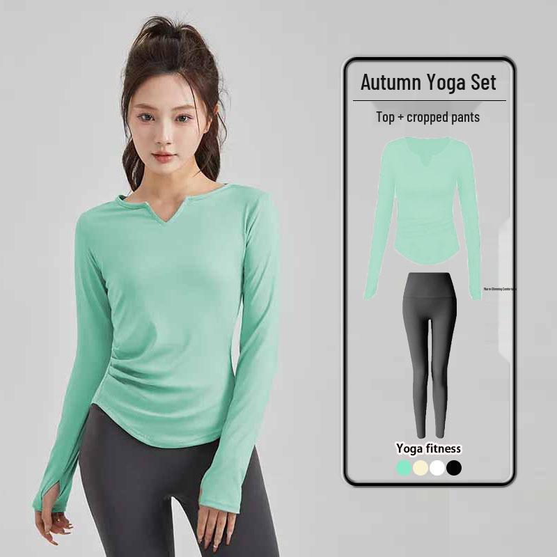 Slimming Yoga Suit Set: Women's V-Neck Quick-Dry Sports Top & Tight Training Pants