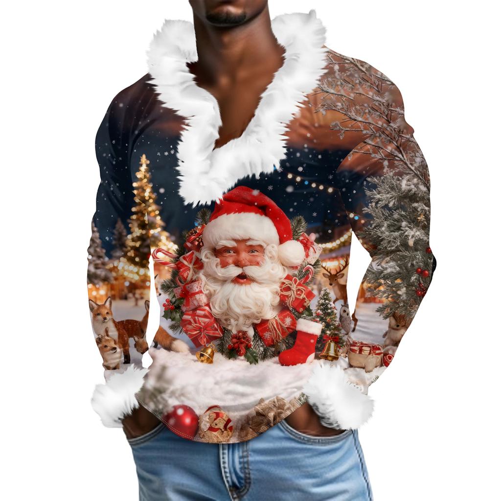 Herren Lässiges Weihnachten Bedrucktes Plüsch V-Ausschnitt und Fleece Langarm-Sweatshirt