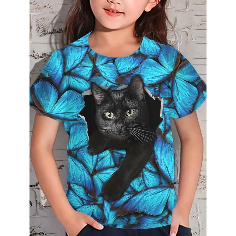 New Children's T-Shirt With Cute Cat Print Pattern Summer Girls Breathable Kids Short-Sleeved High-Quality Top Birthday gift