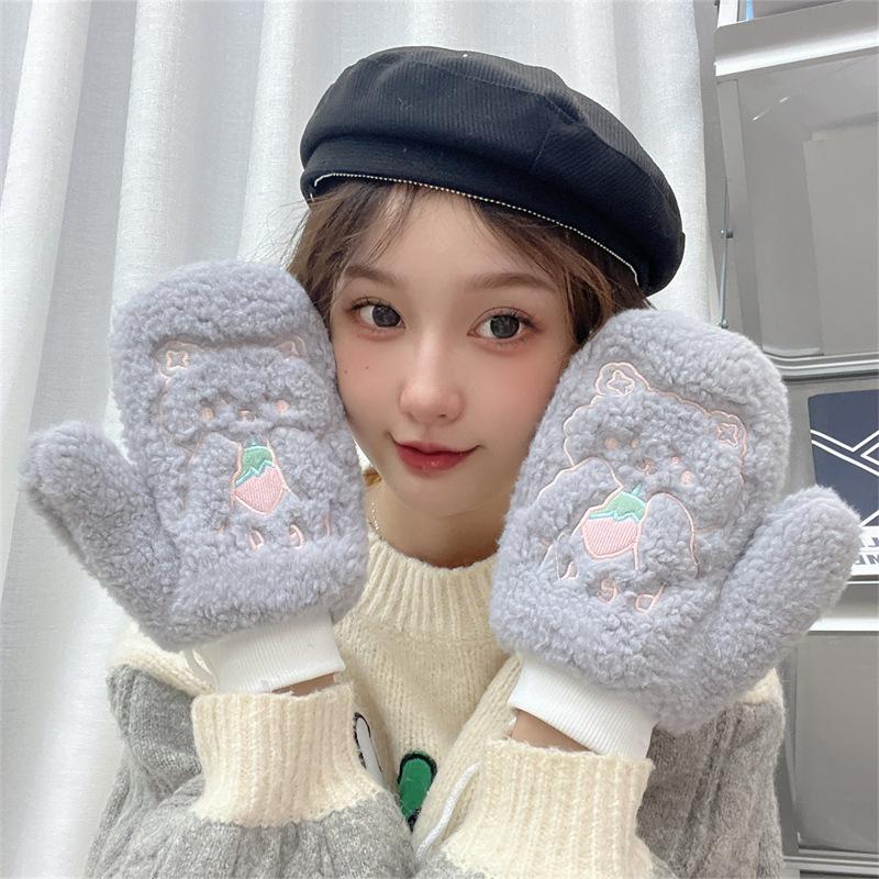 Winter Plus Size Padded Gloves Embroidered Strawberry Bear Gloves Girls Wrap Finger Hanging Neck Thickened Warm Gloves