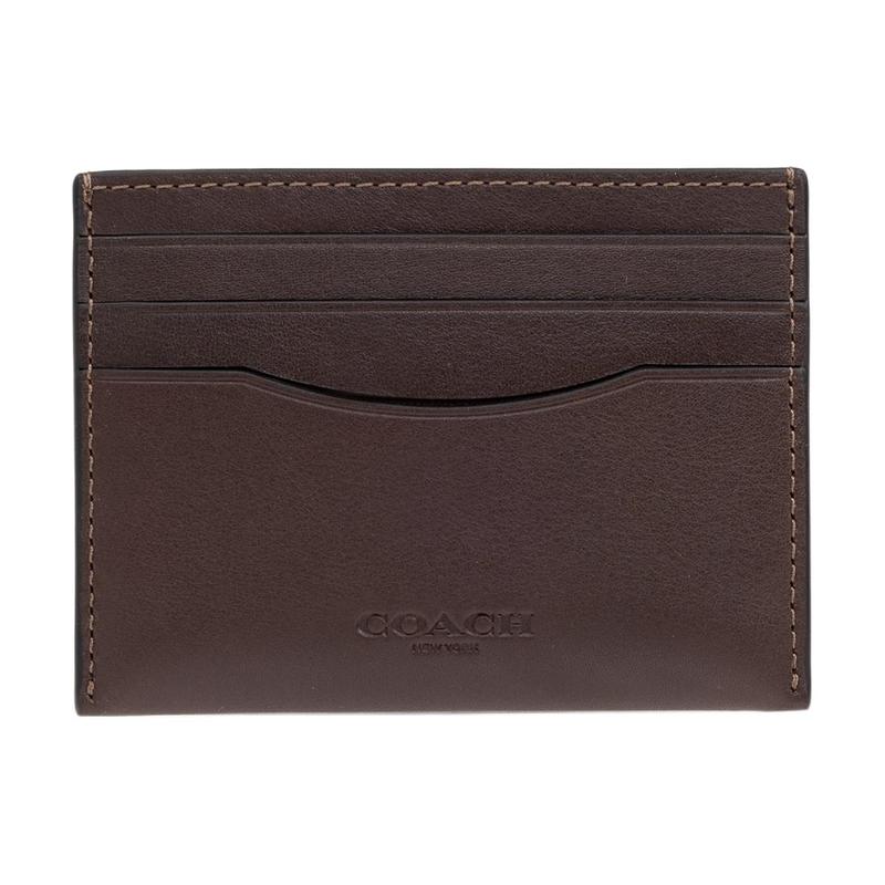 COACH 10 Brand Logo embossed leather card holder mini men s brown brown коричневый