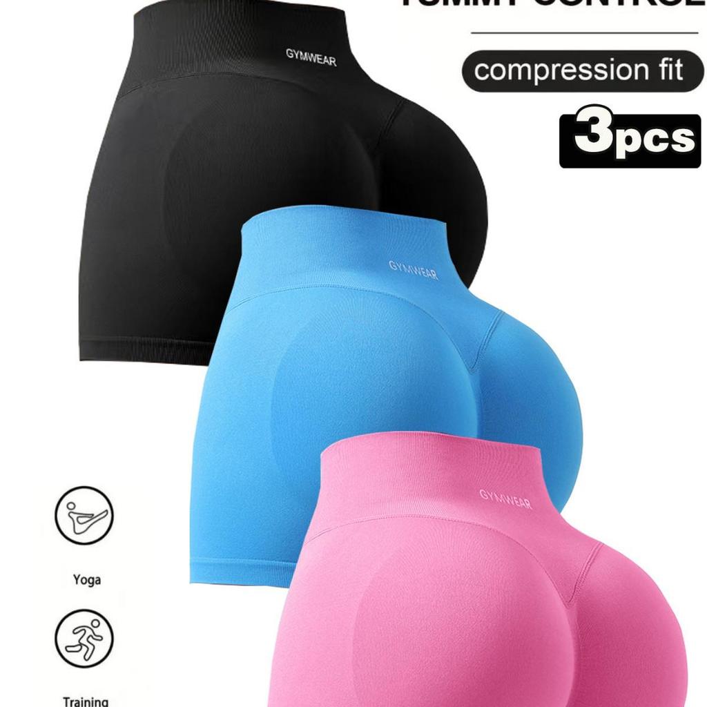 Women's Embroidered Letter Knitted Yoga Shorts with Tummy Control, Solid Color, Breathable Fabric, and Spliced Waist Design.