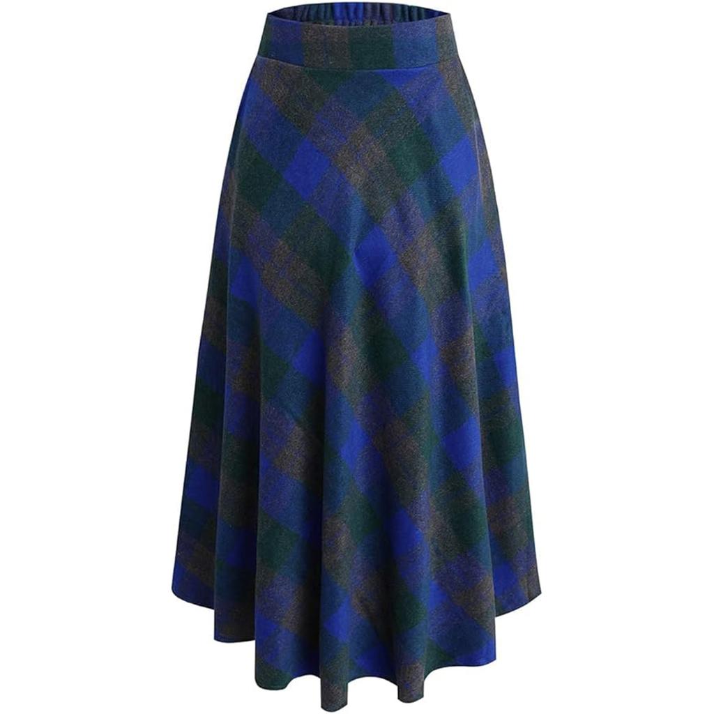 Women's Retro Plaid Maxi Skirt, High-Waisted, Fashionable Casual A-Line Pleated Plaid Floor-Length Skirt