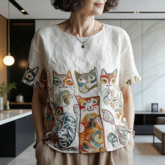 Women Tops Round Neck Short Sleeve Retro Floral Art Print Pullover Tops Loose Fit Soft Fabric Casual Summer Shirt