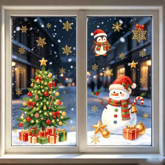 Winter Home Decor Christmas Window Clings, Cute Santa Claus Snowman Xmas Tree Stickers, Wall Stickers PVC Static Glass Decal for Living Room, Bedroom