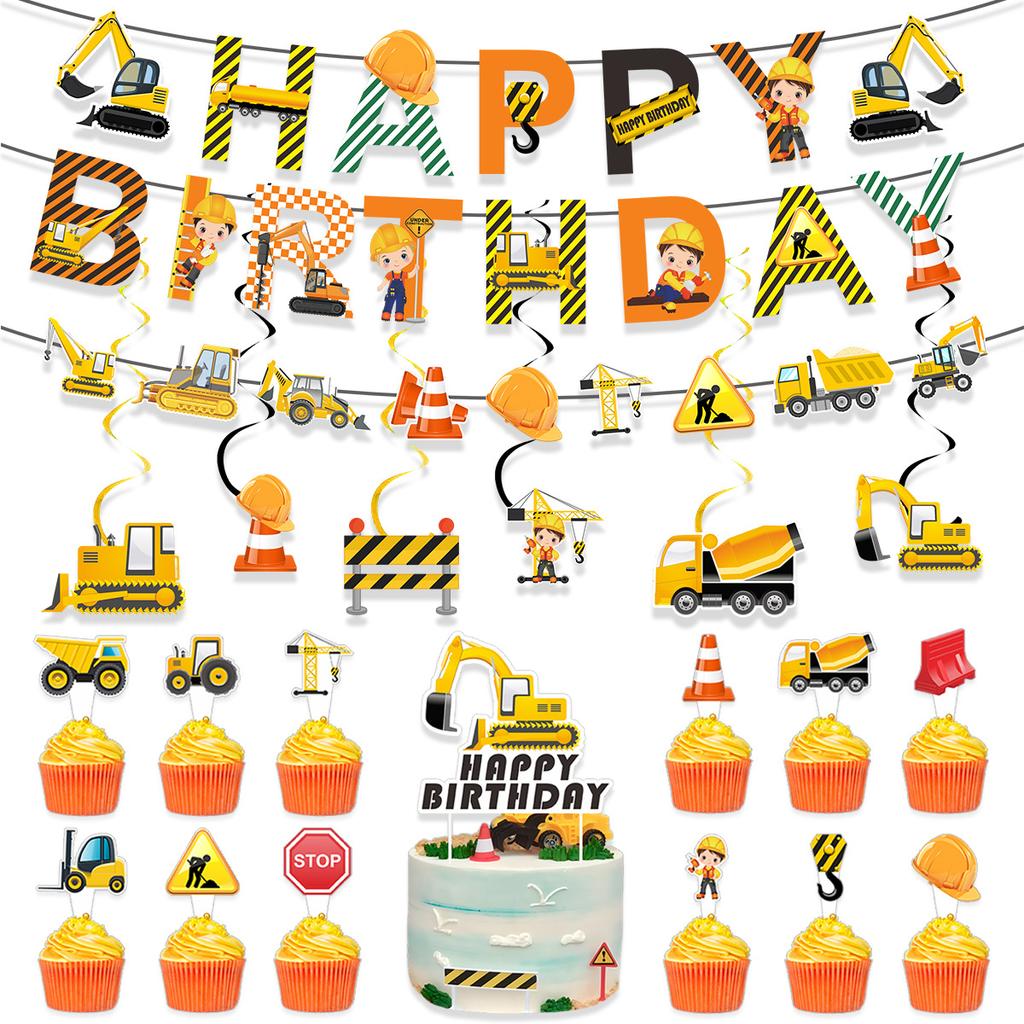 Children'S Birthday Party Decoration Excavator Pulling Flag Vortex Construction Truck Forklift Cake Sticker
