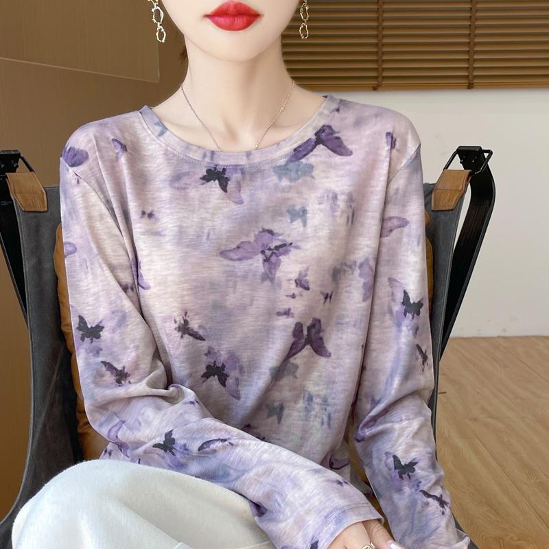 Spring And Autumn Long Sleeve Retro Printed T-Shirts Women Basic Casual Tops Female Cozy Loose Tees Harajuku T Shirt