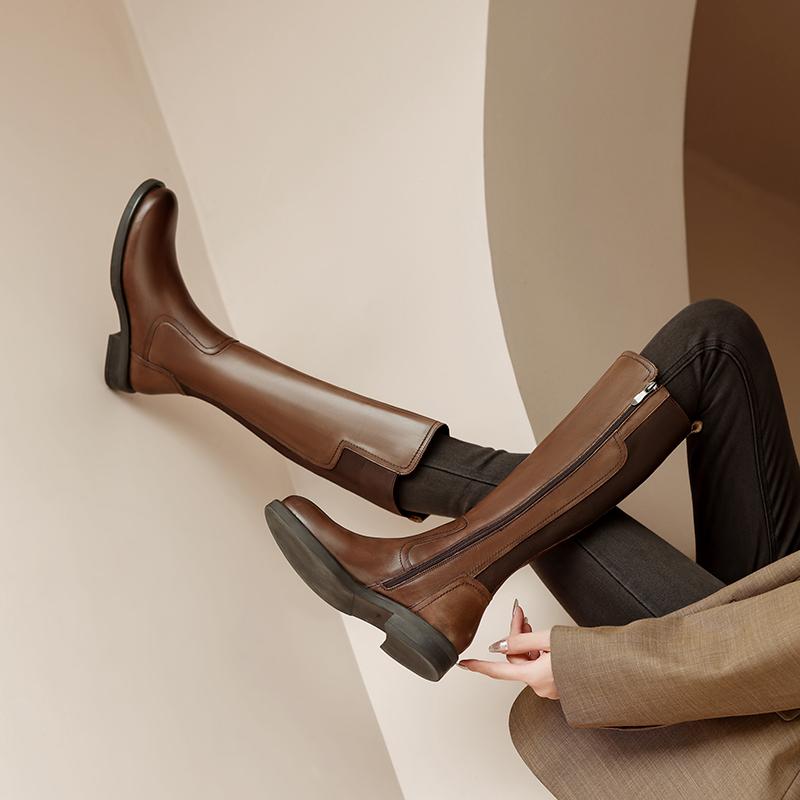 Women Genuine Leather Knee High Boots Low Heels Fashion Punk Concise Shoes Woman Autumn Winter Motorcycle Boots Platform Shoes