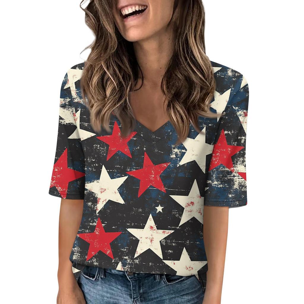 Women's V Neck T Shirts Half Sleeve Tops Printed Casual Summer Tees T Shirt Blouse