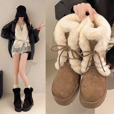 Women's Winter Warm Fur Snow Boots Lace Up Fluffy Plush Platform Ankle Boots Women Thick Bottom Padded Shoes