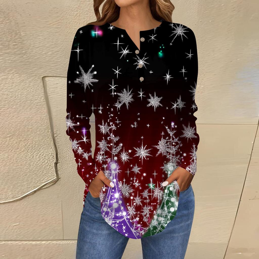 Women's Fashionable Loose-Fit Button-Down Collar Christmas Print Long-Sleeved Top