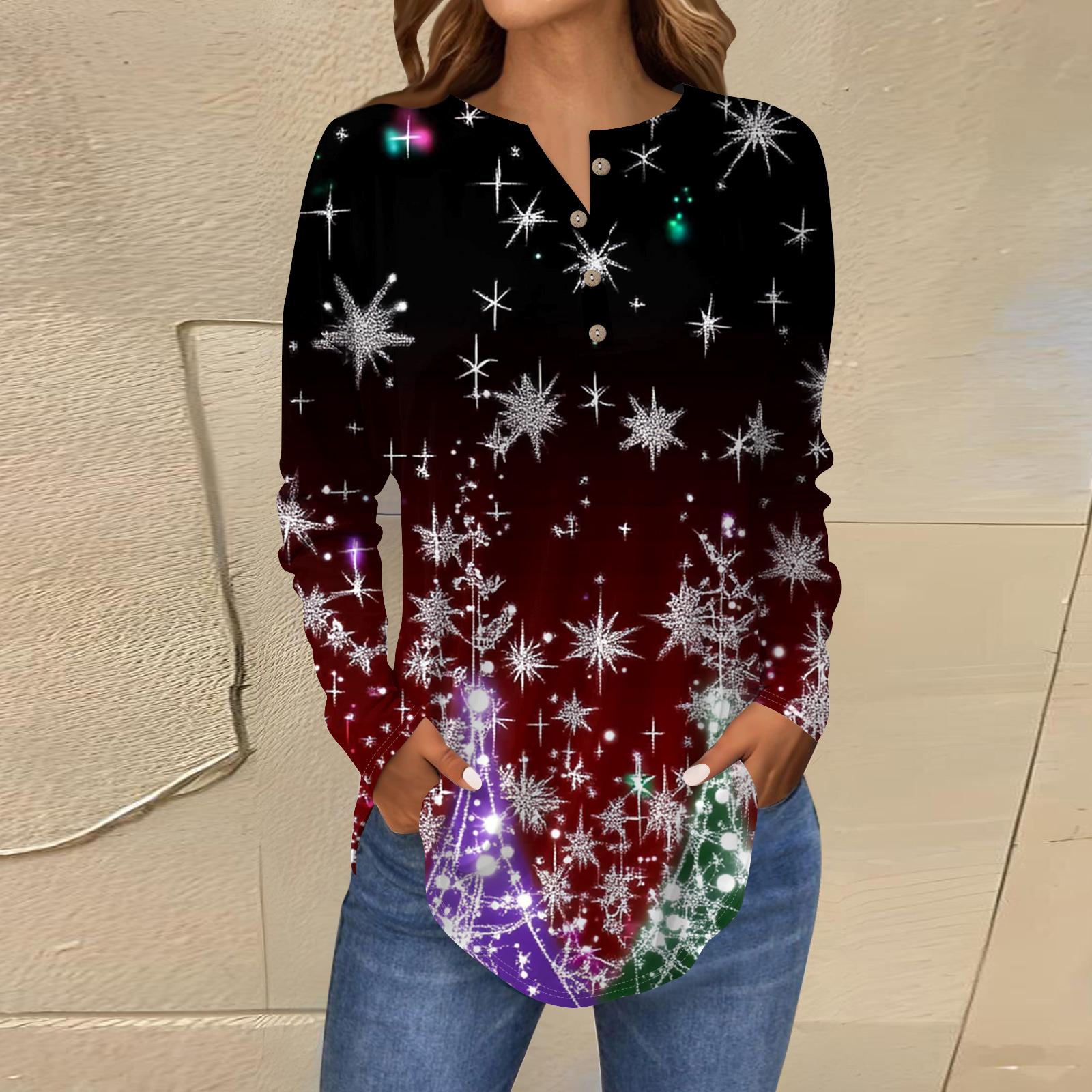 

Женская модная блузка свободного кроя с пуговицами и воротником на пуговицах, с рождественским принтом и длинными рукавами XXXL винный
