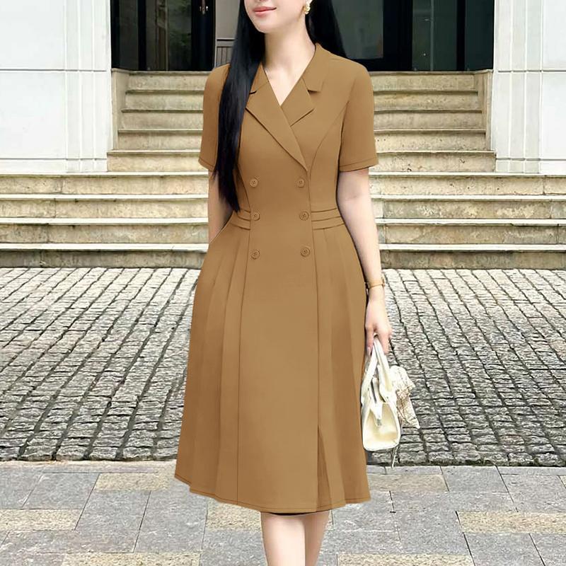 ZANZEA Vestido feminino casual gola virada para baixo verão manga curta