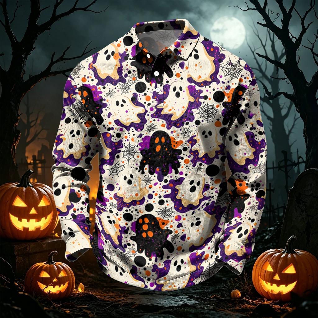 Men's Quick Dry Mesh Long Sleeve Golf Shirt with Halloween Print for Casual Wear