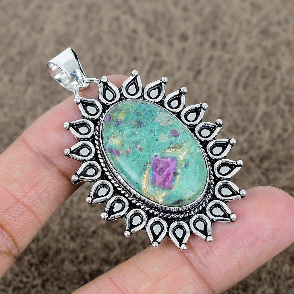Ruby Fuchsite Gemstone Handmade 925 Sterling Silver Jewelry Pendant 2.29" KKG-716