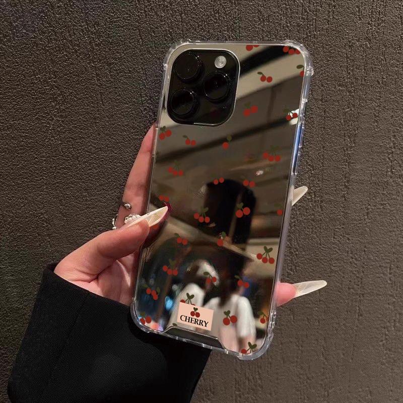 Cute Cherry Pattern Phone Case For Samsung Galaxy S25 S24 S23 S22 S21 Ultra Plus FE A06 A14 A23 A36 A52 A55 Make Up Mirror Cover