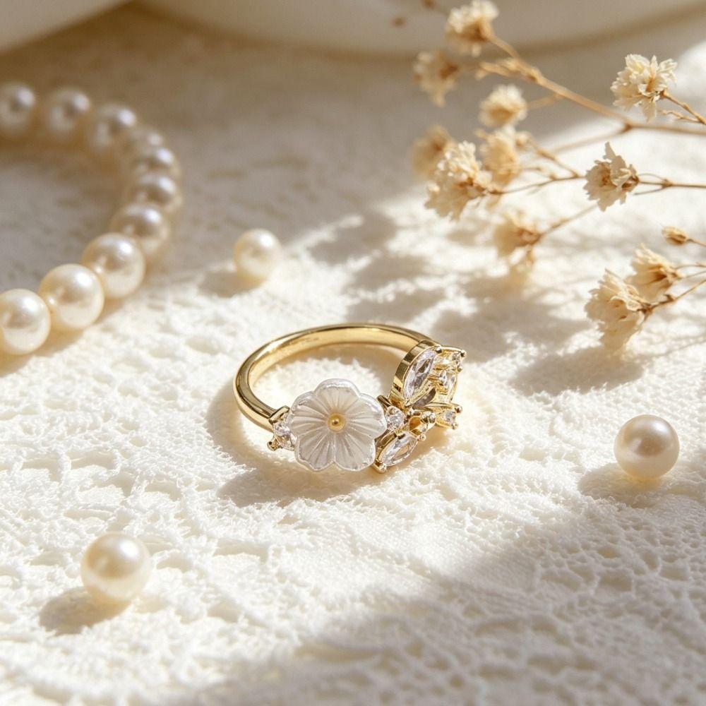 Wedding Flower Crystal Ring Adjustable Zircon Ring Delicate Flower Opening Ring  Gifts