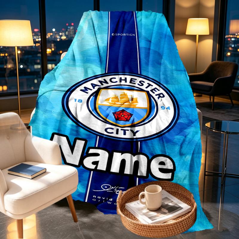Custom Name Personalized Manchester City FC Print Blankets, Home Decor, Bedroom, Sofa, Camping, Couch, Gifts for Birthday Christmas