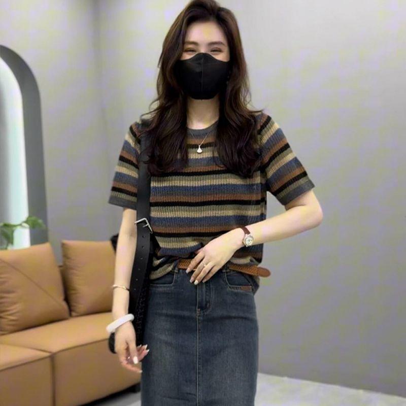 

Plus Size Women s Striped Color Block Knit Top - Slimming, Versatile, Short Sleeve, Round Neck M 30-40kg чорний