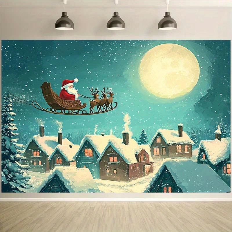 1 Santa Claus Sled and Deer Christmas Night Snow Village Background Cloth Christmas Village Decoration