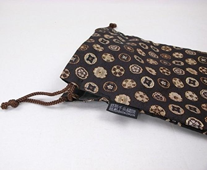 Senshishuin Nishijin Brocade Drawstring Bag with Chinese Flower Dark Large (Lined) Pattern, Brown,