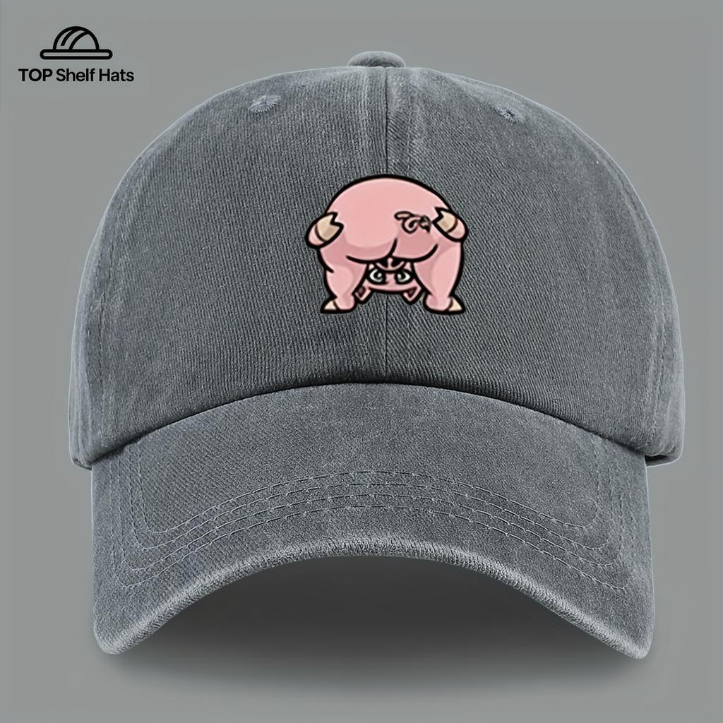 Lightweight  Breathable Retro Distressed Style Cartoon Pig Print Baseball Cap 1pc Adjustable Snapback for Outdoor Fishing