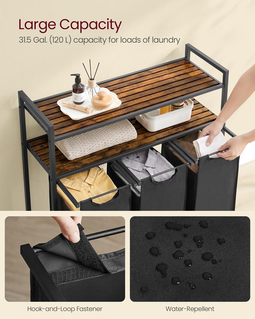 VASAGLE Laundry Hamper, Laundry Basket with 3 Pull-Out and Removable Bags, 2 Shelves, 10.5 Gallons (40 L) Capacity Per Bag, Rustic Brown and Black U