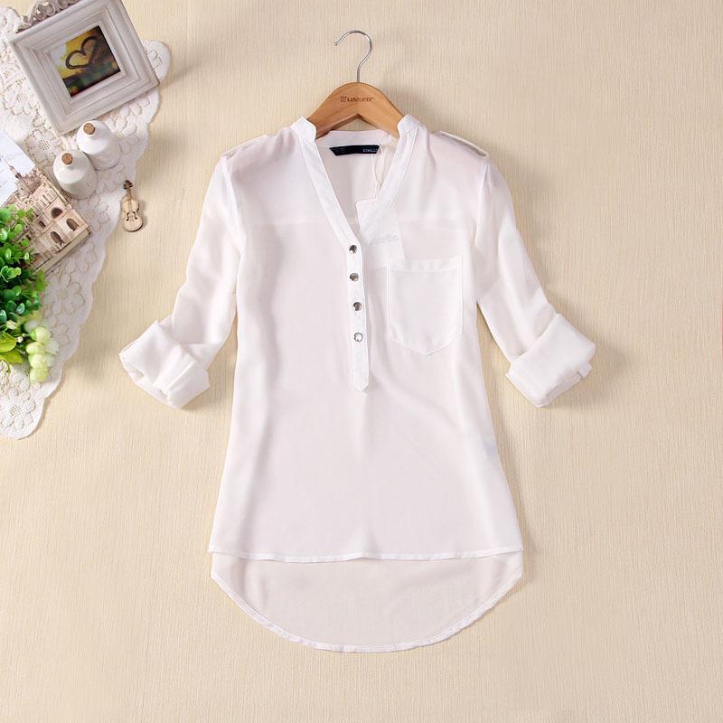 Women Spring Summer V-neck Chiffon Elegant All-match Solid Botton Casual Spirals Shirt Blouse