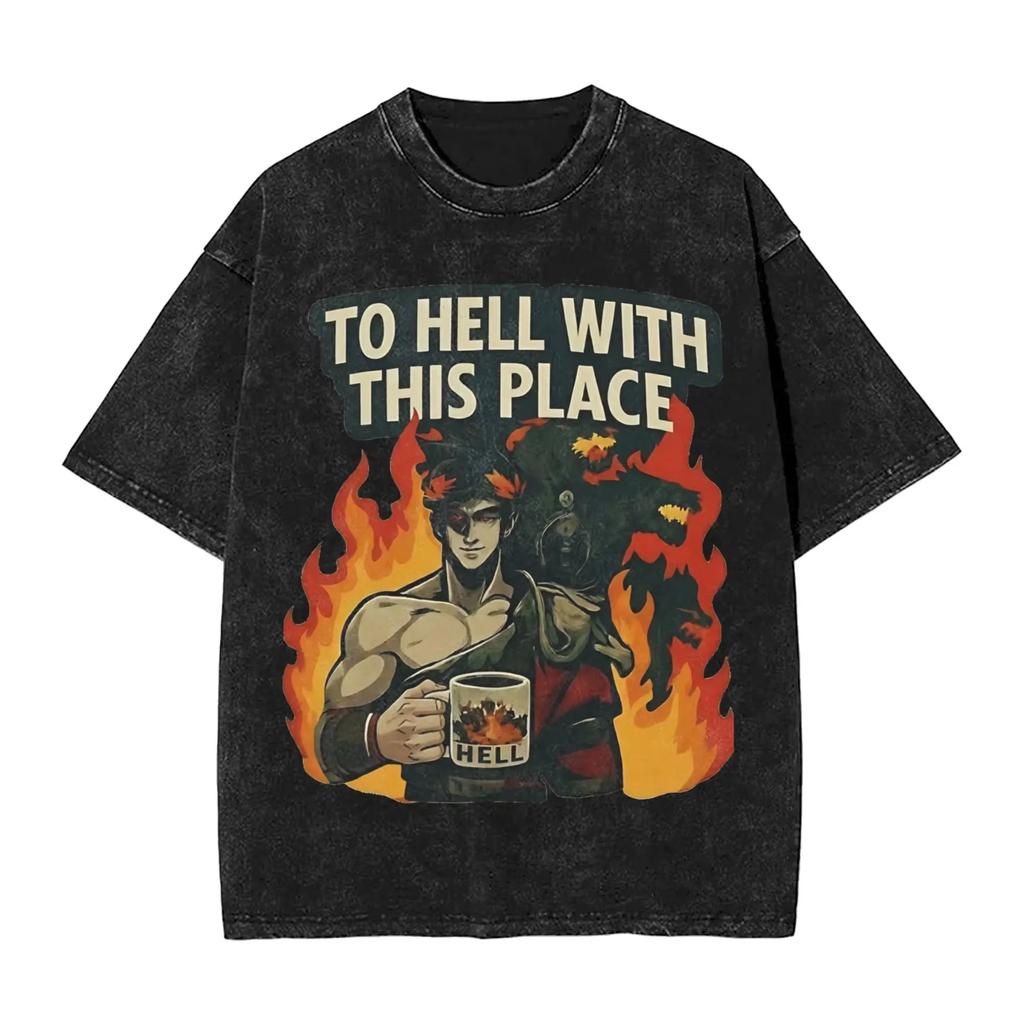 Classic Retro Game Hades Zagreus Funny Graphic Print T-Shirt Men Women Vintage Washed Cotton Y2K Harajuku Unisex Oversize Streetwear Short Sleeve Top