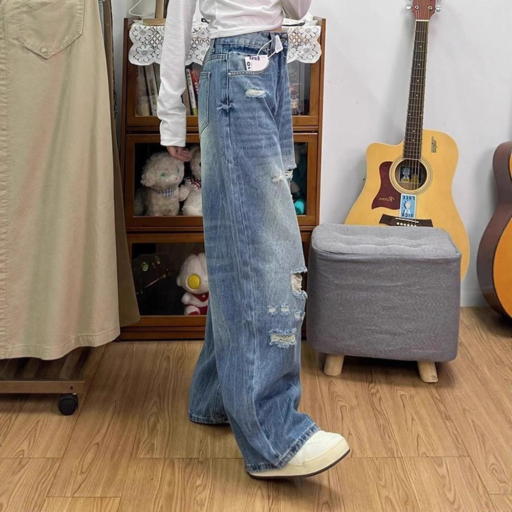 Oberbekleidung zum Bedecken des Fleisches der Retro Broken Hole Weitbeinjeans Damen Sommer Hochtailliert Skinny Locker Gerade Schlepphose Retro Jeans