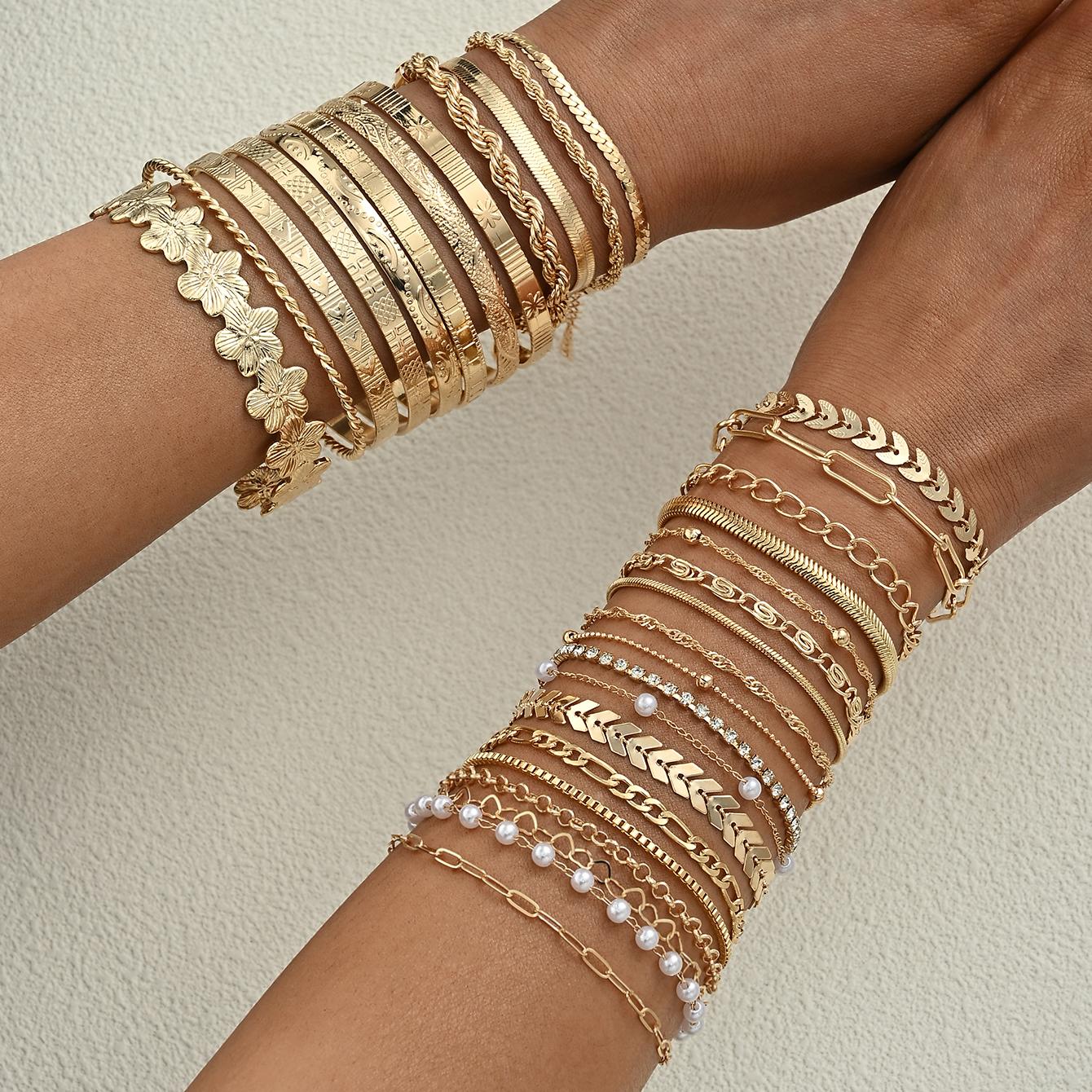 30Pcs Gold Color Stackable Bracelet Set For Women Flower Pearl Chain Textured Cuban Link Bracelets Trendy Layered Jewelry Gifts