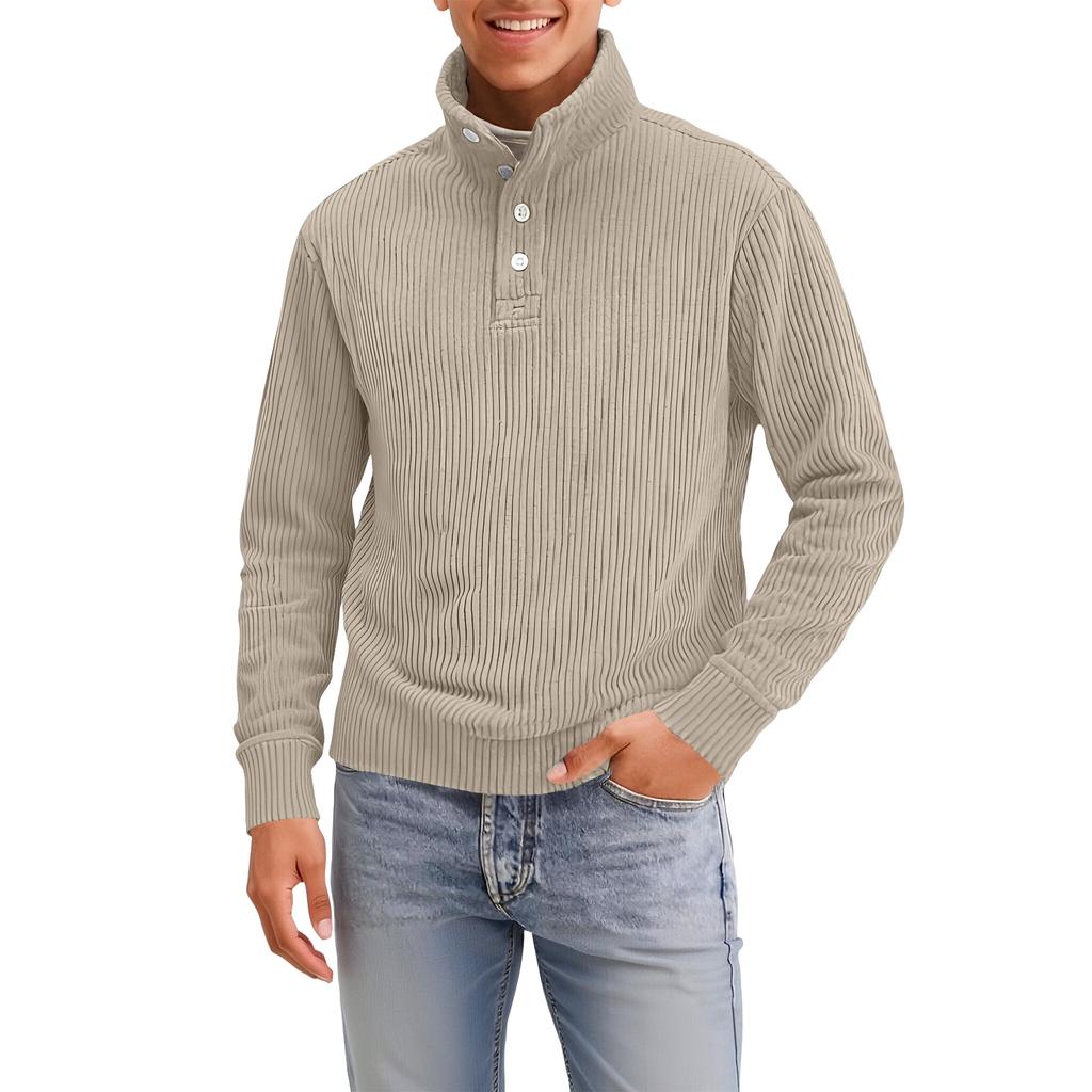 Men's Four-Button Pullover Sweatshirt, Solid Color, High Neck, Long Sleeve