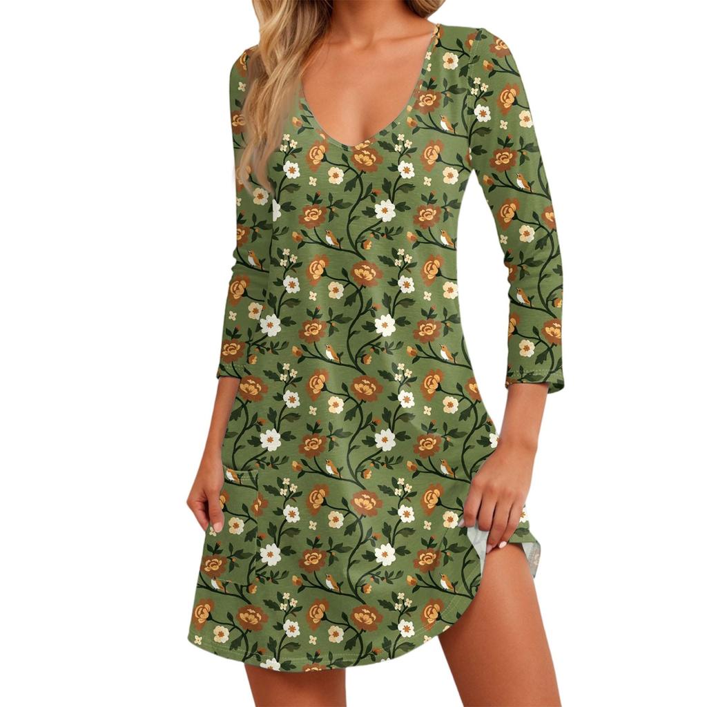 Women's Fashion Casual V-Neck Floral Print Pocket Three-quarter Sleeve Dress