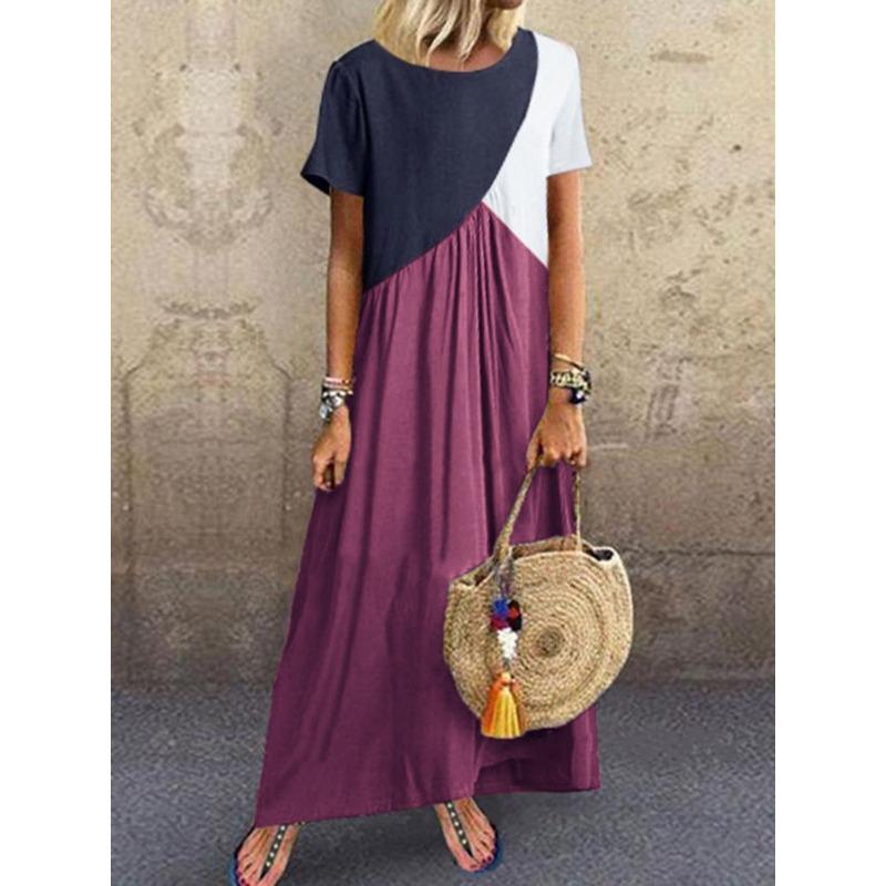 JPNTKYWomen's Fashion Summer Spring Solid Color Print Short Sleeve O-Neck Casual Dresses