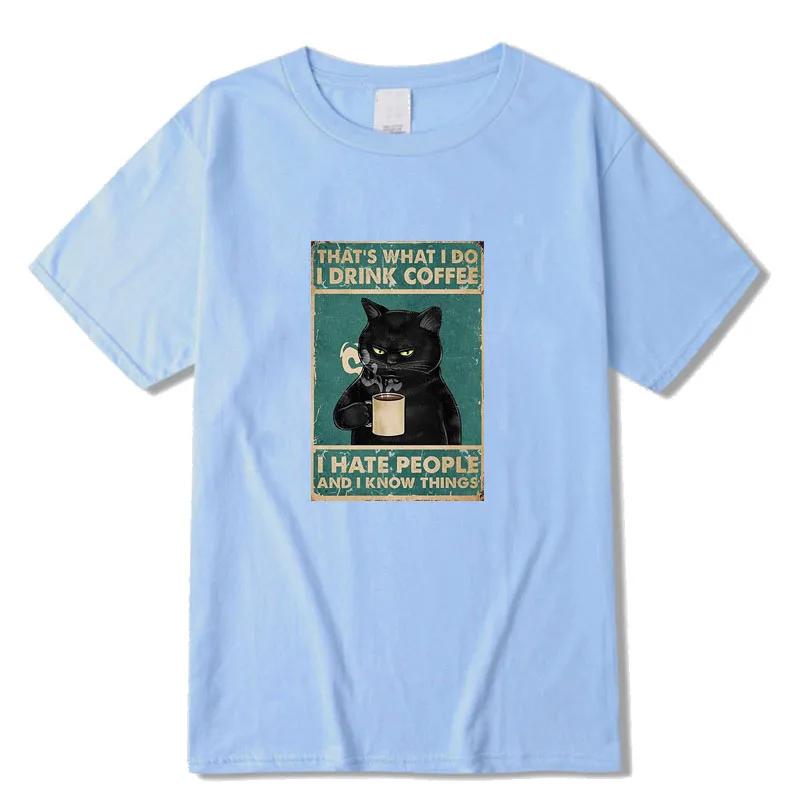 Men's T-shirt High Quality 100% Cotton Funny Cat Drinking Coffee Printing Summer Casual Cool Loose Men O-neck T-shirt Male Tops