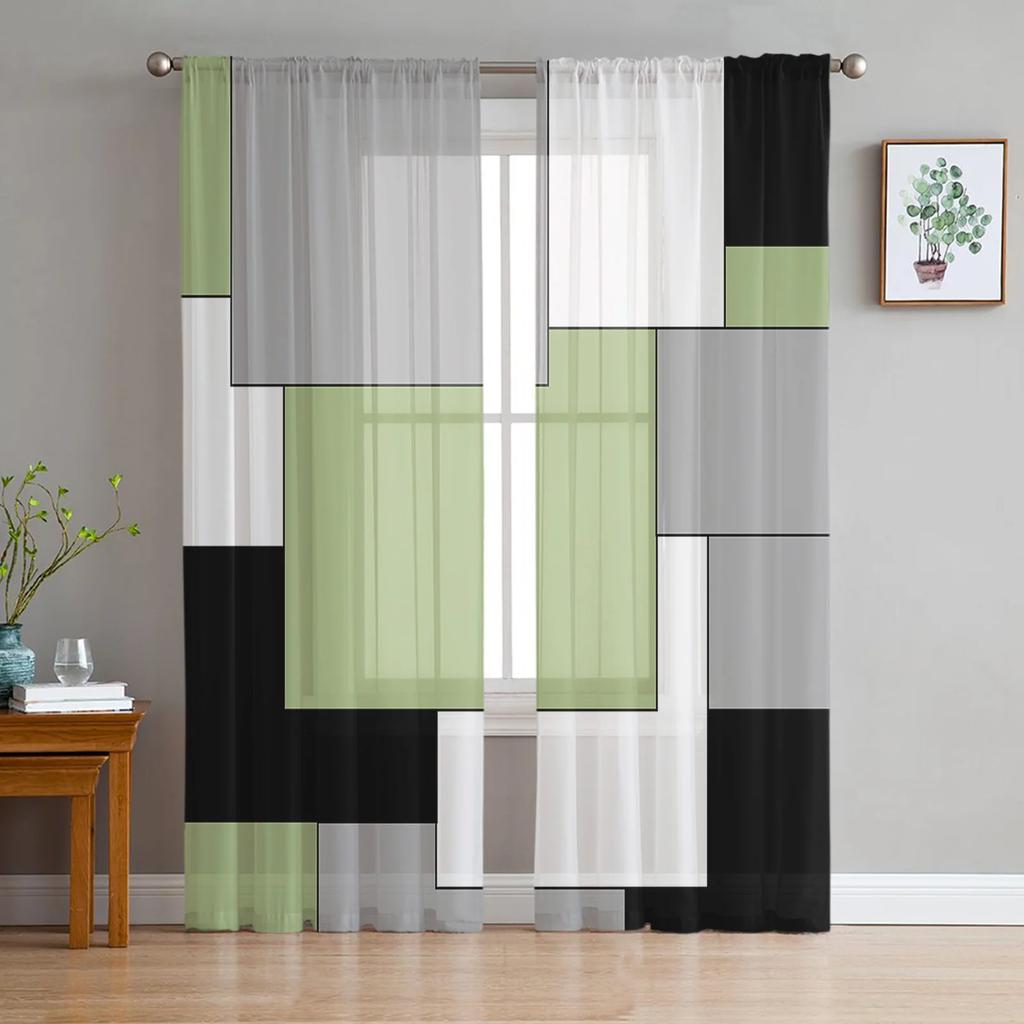 Aqua Turquoise Black Grey Patchwork Abstract Art Sheer Curtains Living Room Decoration Window Curtain Kitchen Tulle Voile Drapes