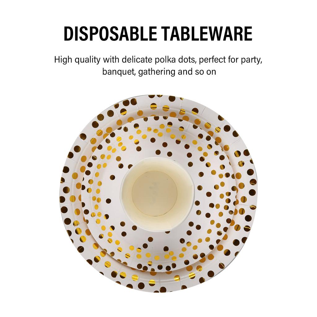 60pcs 9oz Paper Cups + 60pcs 7-inch Plates + 60pcs 9-inch Plates Set of 180pcs Disposable Drinkware & Dishware with Golden Polka