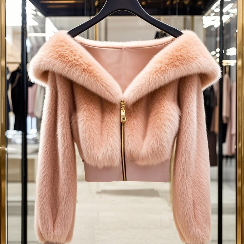 Winter New Celebrity Temperament Pink Plush Jacket Women's Short High-waisted Imitation Fur Top