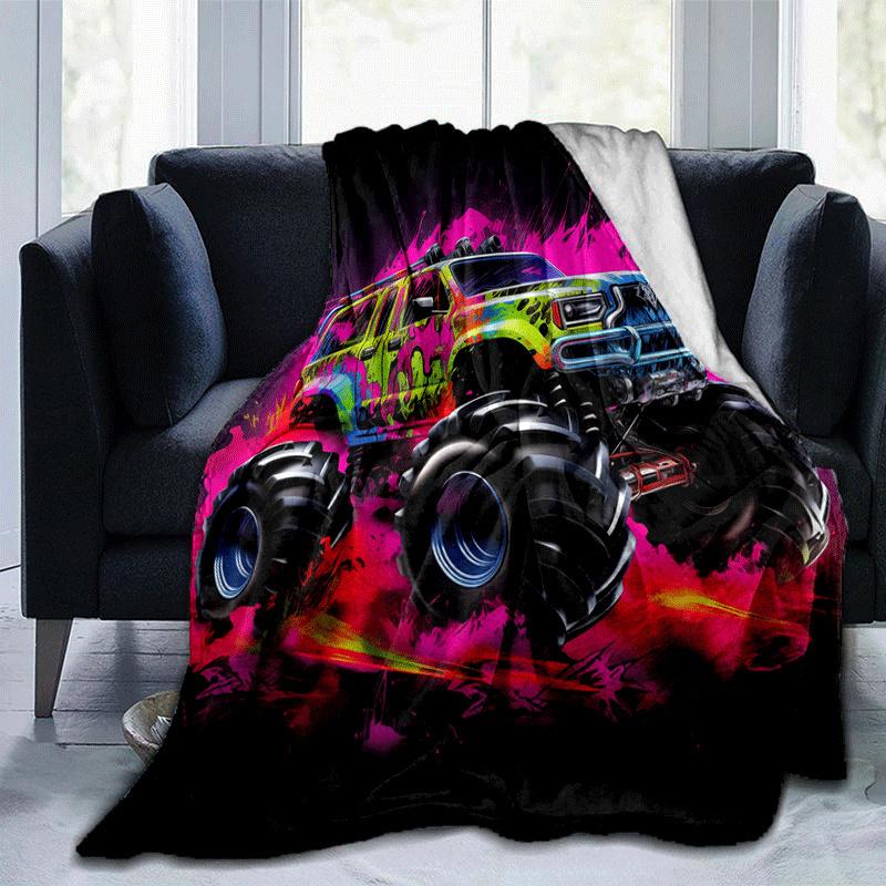 1pc Monster Truck Printing Lightweight Flannel Blanket, Comfortable and Warm Blanket, for Camping Sofa Bed and Couch Office, Suitable for Gif