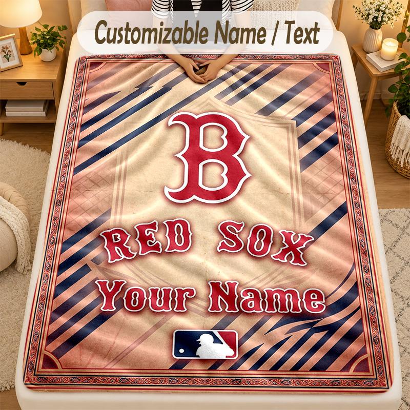 Flannel BlanketBoston Red Sox Custom Name Text Personalized Soft Warm Throw Blanket Home Decor Gift