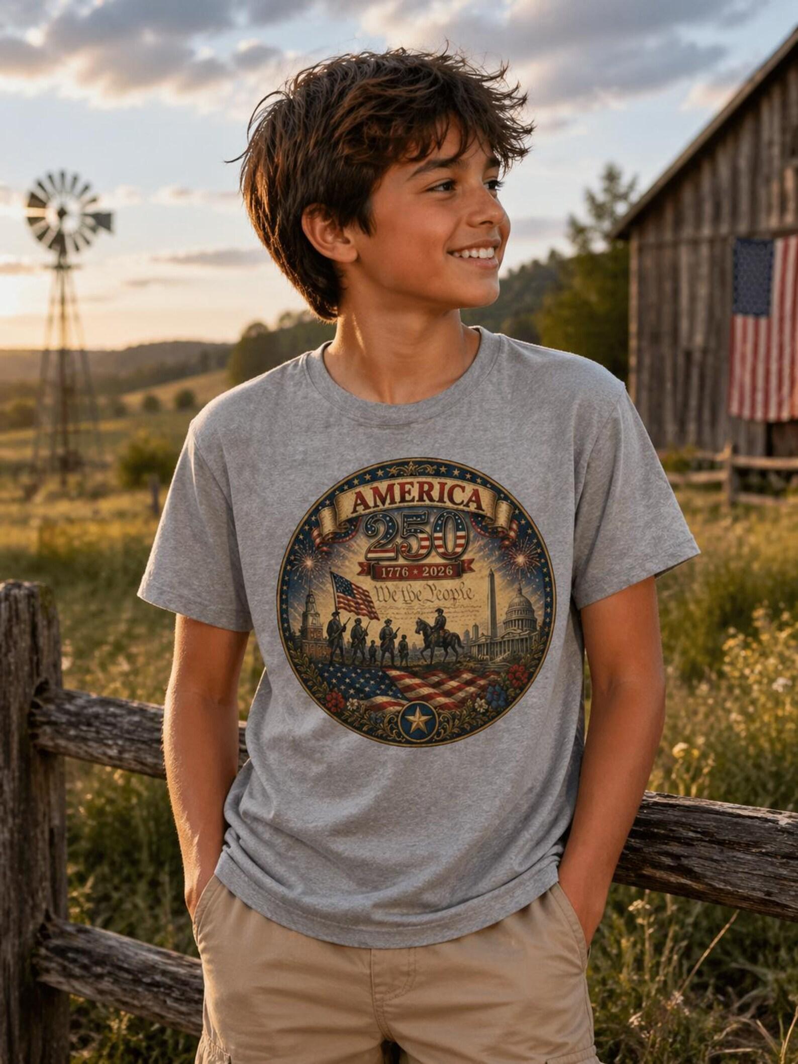 America 1776-2023 Patriotic Independence Circle Kids Tee | Flag, Soldiers, Fireworks 160