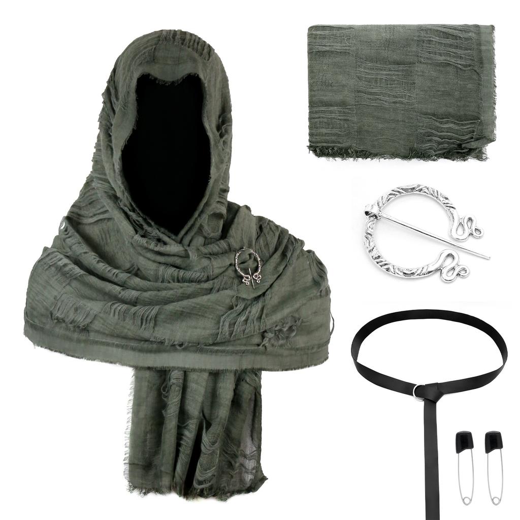 Medieval Hooded Cloak Scarf Set with Brooch and Belt for Cosplay Renaissance Festival Costume Accessories
